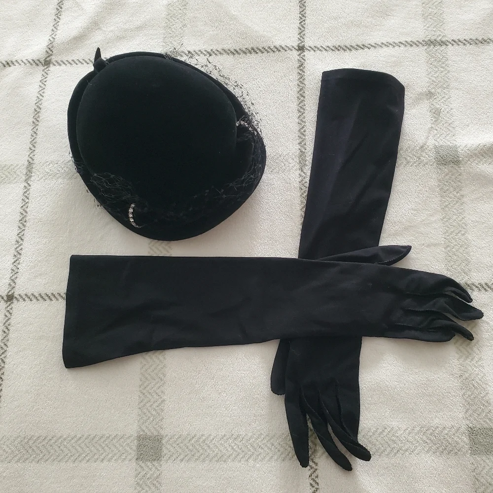 Black Vintage Hat & Evening Gloves - Picture 1 of 7